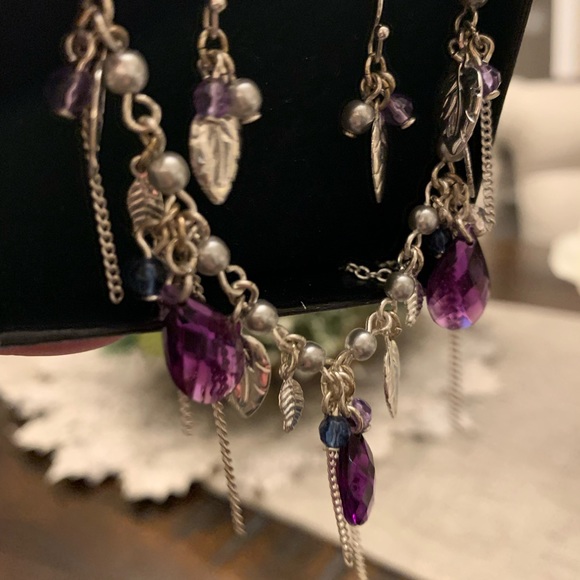 Feather Beaded Earrings & Necklace Set, NWOT, Never Worn, Purple and Silver - Picture 9 of 15